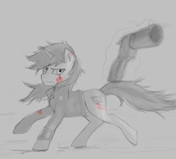 Size: 680x618 | Tagged: safe, oc, oc:littlepip, pony, unicorn, fallout equestria, blood, clothes, gun, jumpsuit, looking at you, magic, pipbuck, running, telekinesis, vault suit, weapon