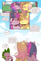 Size: 960x1440 | Tagged: safe, artist:cold-blooded-twilight, fluttershy, spike, twilight sparkle, dragon, pegasus, pony, unicorn, cold blooded twilight, comic:cold storm, g4, blushing, cheek to cheek, comic, dialogue, eyes closed, fangs, female, flower, flower in hair, laughing, mare, nuzzling, open mouth, smiling, snickering, speech bubble