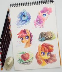 Size: 1042x1200 | Tagged: safe, artist:maytee, apple bloom, pinkie pie, scootaloo, earth pony, pegasus, pony, unicorn, g4, apple, bag, bust, colored pencil drawing, colored pencils, female, filly, foal, food, mare, saddle bag, sketchbook, traditional art