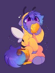 Size: 1485x1967 | Tagged: safe, artist:flixanoa, oc, oc only, oc:stargazermap, bee, insect, pegasus, pony, animal costume, antennae, bee costume, clothes, costume, cute, ethereal mane, food, heart, honey, hoodie, hoof licking, licking, looking up, male, onesie, pegasus oc, pot, purple background, simple background, solo, starry eyes, starry mane, tongue out, wingding eyes, wings, zipper