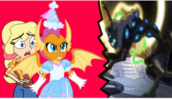 Size: 1536x887 | Tagged: safe, artist:darlycatmake, megan williams, smolder, dragon, g4, angry, beast, clothes, defending, dragon wings, dragoness, dress, female, froufrou glittery lacy outfit, glare, gloves, gritted teeth, hat, hennin, long gloves, mama bear, princess, princess smolder, protecting, puffy sleeves, ready to fight, scared, spread wings, story included, surprised, teeth, wings, worried