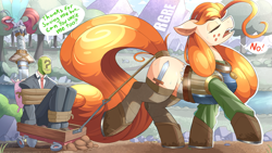 Size: 2133x1200 | Tagged: safe, artist:nignogs, oc, oc:anon, oc:nordpone, breezie, earth pony, human, pony, armor, big pony, dragging, female, freckles, hoof boots, human male, kidnapped, male, mare, pillow, reversed gender roles equestria, reversed gender roles equestria general, size difference, sweat, sword, tail, tail wrap, talking, this will not end well, tied up, unamused, wagon, walking, weapon