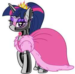 Size: 4618x4518 | Tagged: safe, alternate version, artist:severity-gray, twilight sparkle, alicorn, pony, g4, alternate hairstyle, blushing, choker, clothes, coat, crown, dress, ear piercing, eyeshadow, face mask, fur, gala dress, gloves, jewelry, latex, latex boots, latex gloves, latex mask, latex socks, latex suit, lipstick, makeup, mask, piercing, ponytail, regalia, simple background, socks, solo, transparent background, twilight sparkle (alicorn)