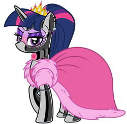 Size: 4618x4518 | Tagged: safe, alternate version, artist:severity-gray, twilight sparkle, alicorn, pony, g4, alternate hairstyle, angry, blushing, choker, clothes, coat, crown, dress, ear piercing, eyeshadow, fur, gala dress, gloves, jewelry, latex, latex boots, latex gloves, latex mask, latex socks, latex suit, lipstick, looking at you, makeup, mask, piercing, ponytail, regalia, socks, solo, sweat, sweating profusely, twilight sparkle (alicorn)