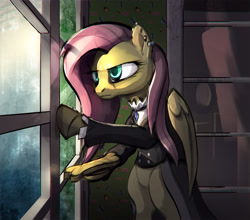 Size: 3226x2836 | Tagged: safe, artist:ciborgen, fluttershy, pegasus, pony, g4, bipedal, female, fluttergoth, high res, mare, solo, standing on two hooves, window