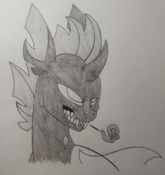 Size: 2415x2568 | Tagged: safe, artist:princess amity, derpibooru exclusive, oc, oc only, oc:identity crisis, changeling, bust, changeling oc, cigarette, fangs, grayscale, grin, high res, monochrome, pencil drawing, portrait, sharp teeth, simple background, smiling, smoke, smoking, solo, teeth, traditional art