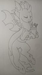 Size: 1812x3232 | Tagged: safe, artist:princess amity, derpibooru exclusive, oc, oc only, oc:identity crisis, changeling, changeling oc, cup, eyes closed, fangs, food, hoof hold, ice cream, monochrome, pencil drawing, simple background, solo, straw, traditional art