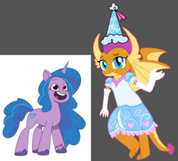 Size: 1383x1254 | Tagged: safe, artist:darlycatmake, izzy moonbow, smolder, dragon, pony, unicorn, g4, g5, my little pony: tell your tale, clothes, crossover, cute, dress, froufrou glittery lacy outfit, gloves, happy, hat, hennin, izzybetes, long gloves, princess, princess smolder, smiling, smolderbetes