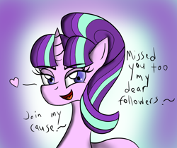Size: 1024x860 | Tagged: safe, artist:lunahazacookie, starlight glimmer, pony, unicorn, g4, abstract background, bedroom eyes, bust, colored, eyelashes, female, heart, mare, s5 starlight, solo, talking