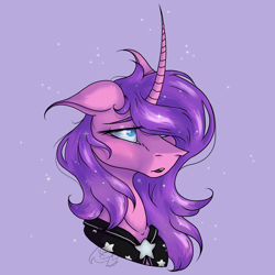 Size: 2898x2900 | Tagged: safe, artist:thelazyponyy, oc, oc only, pony, unicorn, clothes, female, high res, horn, mare, purple background, simple background, solo, unicorn oc