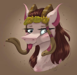 Size: 2674x2624 | Tagged: safe, artist:thelazyponyy, oc, oc only, earth pony, pony, snake, :p, earth pony oc, flower, flower in hair, gradient background, high res, signature, tongue out