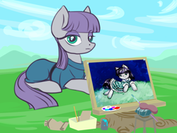 Size: 1600x1200 | Tagged: safe, artist:kovoranu, boulder (g4), maud pie, earth pony, pony, g4, artist, beret, canvas, clothes, dress, easel, female, hat, mare, paintbrush, painting, solo, stool, tree stump