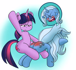 Size: 3360x3128 | Tagged: safe, artist:goblinboyjesus, trixie, twilight sparkle, pony, unicorn, g4, 4chan, abuse, angry, blushing, crying, duo, eyes closed, high res, over the knee, punish the villain, punishment, reddened butt, sitting, smiling, smug, spank mark, spanking, tears of pain