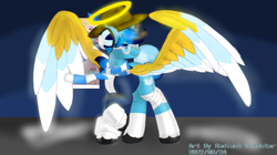 Size: 1540x865 | Tagged: safe, artist:radiant windstar, oc, oc:radiant windstar, alicorn, angel, hybrid, pony, alicorn oc, horn, raised hoof, solo, standing, wings