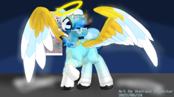 Size: 1540x865 | Tagged: safe, artist:radiant windstar, oc, oc:radiant windstar, alicorn, hybrid, pony, alicorn oc, horn, raised hoof, solo, standing, wings