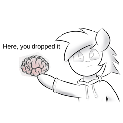 Size: 1960x1960 | Tagged: safe, artist:japkozjad, oc, oc only, oc:apply, pony, brain, clothes, digital art, here you dropped this, holding, hoodie, looking at you, meme, monochrome, organs, pointing, ponified meme, shading practice, simple background, solo, text, white background