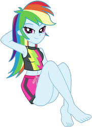 Size: 5184x7168 | Tagged: safe, artist:emeraldblast63, rainbow dash, equestria girls, equestria girls series, forgotten friendship, absurd resolution, armpits, bare shoulders, barefoot, bedroom eyes, belly button, bikini, breasts, clothes, eyebrows, eyeshadow, feet, female, fixed, looking at you, makeup, midriff, sexy, simple background, sitting, solo, stupid sexy rainbow dash, swimsuit, transparent background, trunks