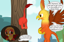 Size: 3498x2321 | Tagged: safe, artist:porygon2z, oc, oc only, oc:blaze, oc:heatwave, griffon, brothers, butt, buttstuck, chickub, duo, duo male, high res, male, plot, siblings, stuck, stuck between trees