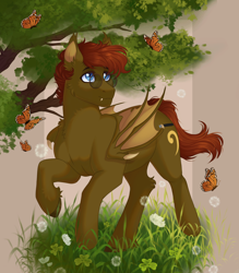 Size: 3089x3521 | Tagged: safe, artist:roselord, oc, oc only, oc:bass amperage, bat pony, butterfly, monarch butterfly, pony, chest fluff, commission, dandelion, flower, fluffy, forest, glasses, grass, high res, male, stallion, tree, ych result