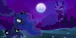 Size: 1280x651 | Tagged: safe, artist:dashiesparkle, artist:nebulonb100, artist:nightlightartz, artist:teaganlouise, nightmare moon, princess luna, alicorn, pony, g4, female, mare, moon, night