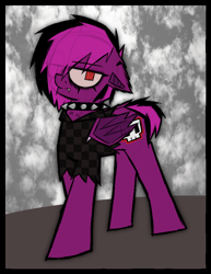 Size: 1404x1818 | Tagged: safe, artist:xxv4mp_g4z3rxx, oc, oc:violet valium, bat pony, pony, bat pony oc, closed mouth, clothes, collar, emo, eyeliner, eyeshadow, fangs, female, folded wings, hoodie, makeup, mare, purple coat, red eyes, solo, spiked collar, torn ear, wings
