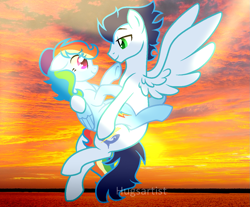 Size: 1203x997 | Tagged: safe, artist:hugsartist, rainbow dash, soarin', pegasus, pony, g4, alternate hairstyle, backwards cutie mark, female, flying, holding a pony, looking at each other, looking at someone, male, mare, ship:soarindash, shipping, stallion, straight, sunset