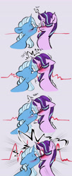 Size: 3318x8138 | Tagged: safe, artist:chub-wub, starlight glimmer, trixie, pony, unicorn, g4, 4 panel comic, 4koma, blushing, boop, comic, duo, embarrassed, female, floppy ears, horn, horns are touching, kiss on the lips, kissing, lesbian, mare, noseboop, ship:startrix, shipping, smug