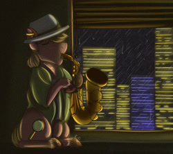Size: 1024x911 | Tagged: safe, artist:sunflareworks, oc, oc only, oc:phillip finder, fanfic:ponyville noire, city, cityscape, clothes, ear piercing, earring, eyes closed, hat, jewelry, music, musical instrument, night, piercing, rain, ring, saxophone, solo, trilby, vest, wedding ring, window