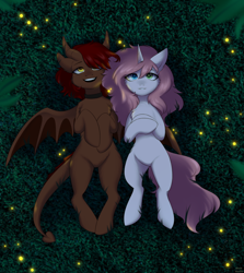 Size: 3000x3366 | Tagged: safe, artist:alunedoodle, oc, oc only, oc:bubblegum kiss, oc:whiskey dreams, demon, demon pony, firefly (insect), insect, pony, unicorn, chest fluff, duo, grass, high res, lying down