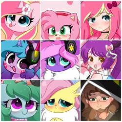 Size: 2048x2048 | Tagged: safe, artist:kittyrosie, part of a set, fluttershy, izzy moonbow, oc, oc:kazumi, oc:lillybit, oc:rosa flame, eevee, human, pony, unicorn, g5, :p, abstract background, amy rose, blushing, bow, clothes, collar, colored hooves, colored pupils, cute, d.va, daaaaaaaaaaaw, drop shadow, female, floppy ears, gradient background, hair bow, hand, head pat, headphones, heart, heart eyes, high res, hooves together, horn, izzybetes, looking at you, looking up, mare, nintendo switch, ocbetes, offscreen character, open mouth, overwatch, pat, paw pads, petting, pokefied, pokémon, purple background, shy, shyabetes, silly, silly pony, simple background, sitting, smiling, socks, sonic the hedgehog (series), striped socks, tongue out, unicorn oc, wall of tags, weapons-grade cute, whisker markings, wingding eyes