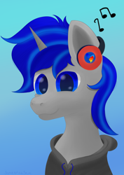 Size: 2480x3508 | Tagged: safe, artist:samenandsam, oc, oc only, oc:sound shiver, pony, unicorn, clothes, head, headphones, high res, hoodie, horn, listening to music, male, music notes, smiling, solo