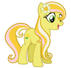 Size: 1500x1450 | Tagged: safe, artist:cherrycandi, march daffodil (g3), earth pony, pony, g3, g4, base used, birthflower ponies, daffodil, female, flower, flower in hair, g3 to g4, generation leap, simple background, solo, transparent background