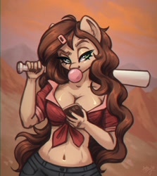 Size: 2426x2721 | Tagged: safe, artist:amishy, oc, oc only, oc:sandy lane, earth pony, anthro, baseball bat, belly button, breasts, bubblegum, cellphone, cleavage, female, food, front knot midriff, gum, high res, looking at you, mare, midriff, phone, smartphone, solo
