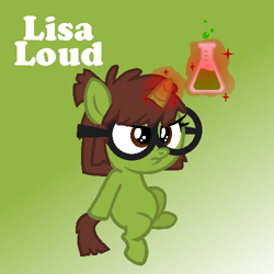Size: 500x500 | Tagged: safe, artist:nicolettebelle, artist:pastel-pocky, pony, unicorn, base used, bubble, female, filly, flask, foal, frown, glasses, green background, horn, lisa loud, magic, ponified, potion, rule 85, simple background, sitting, sparkles, text, the loud house, unamused