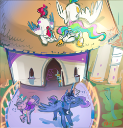 Size: 2296x2386 | Tagged: safe, artist:alumx, princess celestia, princess luna, queen haven, zipp storm, alicorn, pegasus, pony, unicorn, g4, g5, annoyed, armor, balcony, big sister, canterlot, canterlot castle, child, daughter, doodle, exclamation point, eyes closed, female, frown, grin, hiding, high res, interrobang, laughing, little sister, luna is not amused, male, mare, milf, mother, mother and child, mother and daughter, older and younger sisters, prank, queen haven is not amused, question mark, royal guard, royal guard armor, royal sisters, siblings, signature, sisters, smiling, spear, spiral, stallion, teeth, unamused, weapon