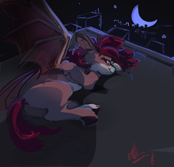 Size: 2924x2797 | Tagged: safe, artist:alumx, oc, oc only, oc:bramble patch, bat pony, pony, bat pony oc, butt, crescent moon, fangs, female, high res, looking at you, looking back, looking back at you, lying down, mare, moon, night, plot, prone, solo, spread wings, wings