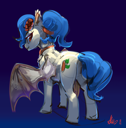 Size: 2339x2378 | Tagged: safe, artist:alumx, oc, oc only, bat pony, pony, bat pony oc, bat wings, butt, female, flower, flower in hair, gradient background, high res, looking at you, looking back, looking back at you, mare, plot, rear view, solo, wings