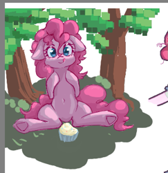 Size: 723x744 | Tagged: safe, artist:melonlicious, pinkie pie, earth pony, pony, g4, belly, belly button, blue eyes, bush, cupcake, cute, floppy ears, food, pink hair, simple background, solo, tongue out, tree, underhoof, white background
