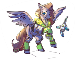 Size: 2995x2364 | Tagged: safe, artist:alumx, oc, oc only, oc:somber gale, pegasus, pony, apex legends, blue eyes, clothes, drone, female, high res, jacket, lidded eyes, looking at you, mare, not fluttershy, pegasus oc, piercing, rearing, simple background, sketch, smiling, smiling at you, solo, spread wings, transparent background, wings