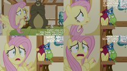 Size: 4400x2475 | Tagged: safe, edit, edited screencap, editor:quoterific, screencap, angel bunny, fluttershy, harry, bear, pegasus, pony, rabbit, g4, scare master, season 5, animal, female, fluttershy's cottage, flying, male, mare, open mouth, pinpoint eyes, spread wings, text, wings