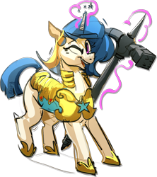 Size: 2505x2822 | Tagged: safe, artist:alumx, oc, oc only, pony, unicorn, armor, female, glowing, glowing horn, guard armor, guardsmare, hammer, high res, horn, levitation, looking at you, magic, mare, one eye closed, open mouth, open smile, royal guard, simple background, smiling, solo, telekinesis, transparent background, war hammer, weapon, wink, winking at you