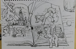 Size: 3224x2074 | Tagged: safe, artist:cirtierest, oc, earth pony, pegasus, pony, unicorn, book, high res, monochrome, pencil, traditional art