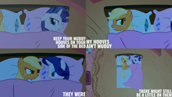 Size: 4400x2475 | Tagged: safe, edit, edited screencap, editor:quoterific, screencap, applejack, rarity, earth pony, pony, unicorn, g4, look before you sleep, season 1, bed, blanket, duo, duo female, female, floppy ears, golden oaks library, mare, open mouth, pillow, text