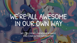 Size: 1920x1080 | Tagged: safe, edit, editor:quoterific, idw, applejack, fluttershy, pinkie pie, princess celestia, princess luna, twilight sparkle, alicorn, butterfly, earth pony, pegasus, pony, unicorn, g4, ^^, crown, cute, diapinkes, eyes closed, female, filly, filly applejack, filly fluttershy, filly pinkie pie, filly twilight sparkle, flying, horn, jackabetes, jewelry, magic, mare, offscreen character, open mouth, open smile, regalia, smiling, telekinesis, text, the futures past, unicorn twilight, younger