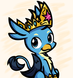 Size: 1420x1496 | Tagged: safe, artist:derp pone, derpibooru exclusive, gallus, griffon, g4, abstract background, chibi, crown, cute, gallabetes, jewelry, looking at you, male, regalia, sitting, smiling, smiling at you, solo