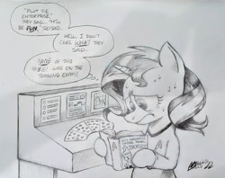 Size: 2048x1618 | Tagged: safe, artist:mellodillo, sunset shimmer, pony, unicorn, g4, book, crossover, female, frown, mare, pencil drawing, reading, solo, speech bubble, star trek, star trek (tos), sweat, traditional art