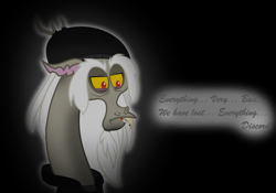 Size: 4850x3393 | Tagged: safe, artist:temerdzafarowo, discord, draconequus, g5, spoiler:g5comic, bags under eyes, black background, cigarette, clothes, doomer, hat, hoodie, mood, old man discord, older, sad, simple background, smoking, solo, upset, yearning