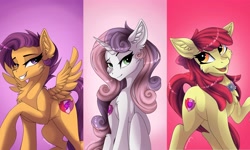 Size: 4096x2465 | Tagged: safe, alternate version, artist:disarrayedfay, part of a set, apple bloom, scootaloo, sweetie belle, earth pony, pegasus, pony, unicorn, g4, the last problem, all in one, chest fluff, clothes, cutie mark crusaders, ear fluff, female, goldie delicious' shawl, grin, looking at you, mare, missing accessory, older, older apple bloom, older cmc, older scootaloo, older sweetie belle, raised eyebrow, raised hoof, shawl, smiling, smiling at you, spread wings, the cmc's cutie marks, trio, triptych, wings