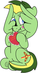 Size: 536x1033 | Tagged: safe, artist:bishopony, artist:didgereethebrony, oc, oc:didgeree, pegasus, pony, base used, blushing, cute, embarrassed, frog (hoof), heart, heart plush, hiding behind wing, implied shipping, plushie, scrunchy face, shy, simple background, solo, trace, transparent background, underhoof, wings