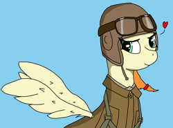 Size: 1102x817 | Tagged: safe, artist:goldenoshy1250, oc, oc:sodapop sprays, pegasus, pony, aviation uniform, blue background, clothes, female, heart, looking at you, mare, pilot, simple background, smiling, smiling at you, spread wings, uniform, wings